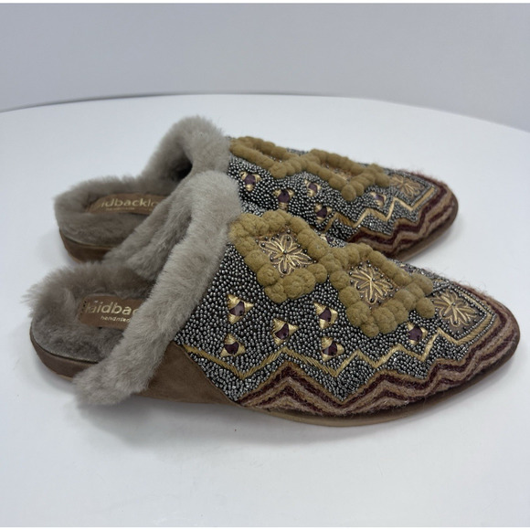 Laidback London Women's Handmade Boho Beaded Slide Slippers Sz38 (7.5) Fur Lined - Picture 5 of 11